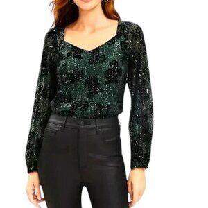 Loft Women's Green Sequin Flocked Long Sleeve Top Medium NWT